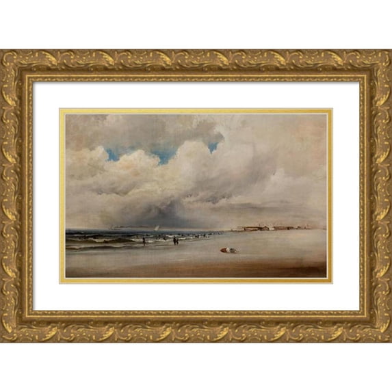 James Hamilton 18x13 Gold Ornate Wood Frame and Double Matted Museum Art Print Titled - Beach Scene with Dramatic Sky