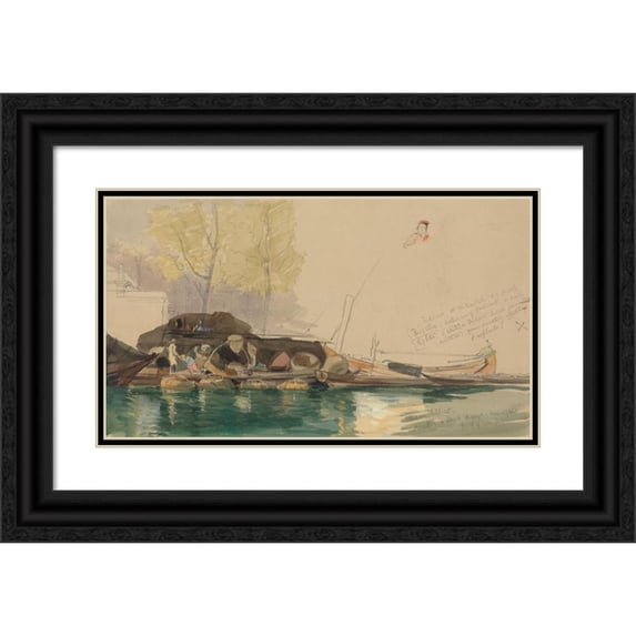 James Holland 14x10 Black Ornate Wood Framed Double Matted Museum Art Print Titled: Barges on a Canal in Rotterdam (1845)
