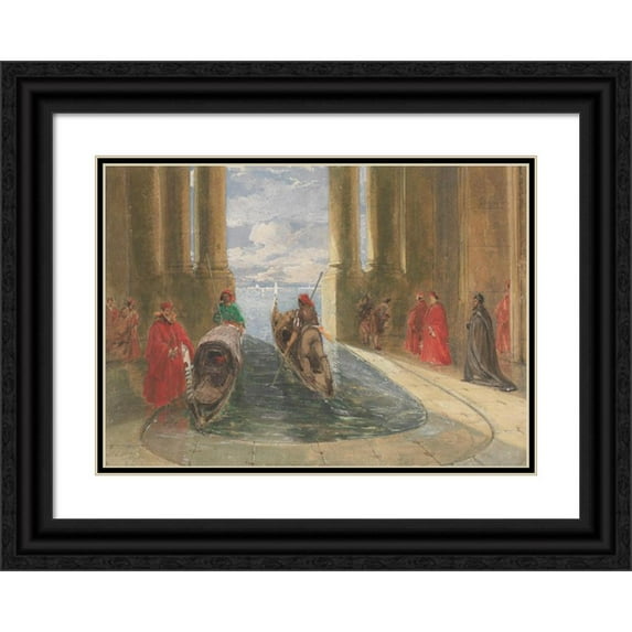 James Holland 14x11 Black Ornate Wood Framed Double Matted Museum Art Print Titled: Venetian Dignitaries Boarding Gondolas (1844)