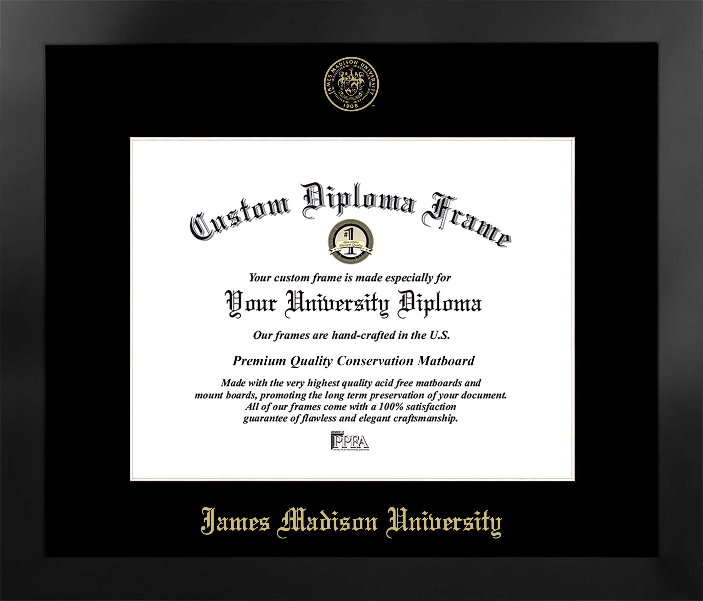 James Madison University 16w x 12h Manhattan Black Single Mat Gold Embossed Diploma Frame with Bonus Campus Images Lithograph (value savings at $59)