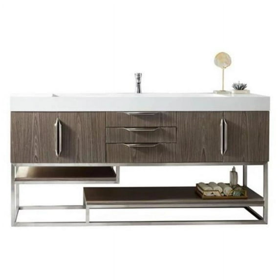 James Martin Furniture 388-V72S-AGR-RG-DGG 72 in. Columbia Ash Gray & Radiant Gold Single Bathroom Vanity with Glossy Dark Gray Solid Surface Top