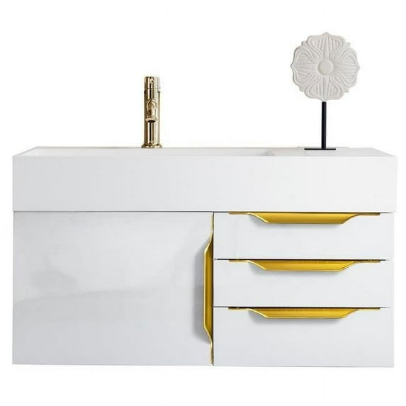 James Martin Furniture 389-V36-GW-G-MW 36 in. Mercer Island Glossy White & Radiant Gold Single Bathroom Vanity with Matte White Solid Surface Top