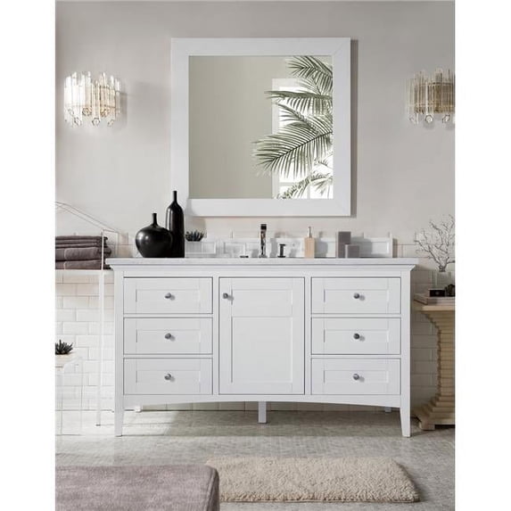 James Martin Furniture 527-V60S-BW-4GLB Palisades 60 in. Single Vanity with 4 cm Galala Beige Marble Top, Bright White
