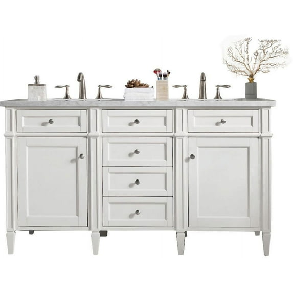 James Martin Furniture 60 in. Brittany Double Vanity with 3 CM Carrara Marble Top, Bright White