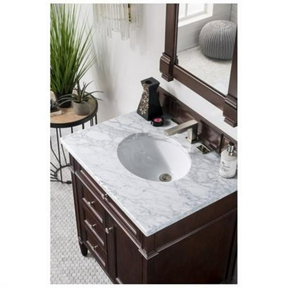 James Martin Furniture 650-V30-BNM-3OCAR 30 in. Brittany Burnished Mahogany Single Bathroom Vanity with 3 cm Carrara White Top & Oval Sink