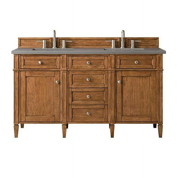 James Martin Furniture 650-V60D-SBR-3CLW 60 in. Brittany Double Vanity with 3 CM Classic White Quartz Top, Saddle Brown