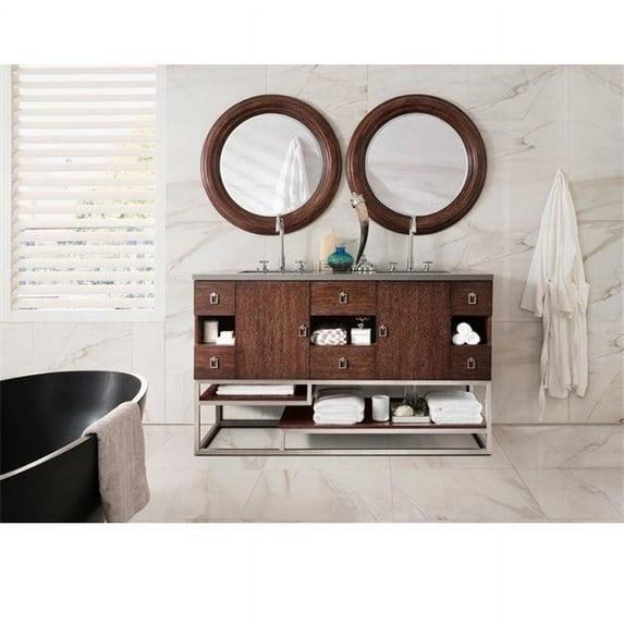 James Martin Furniture 864-V60D-CFO-3CAR 60 in. Sonoran Coffee Oak Double Bathroom Vanity with 3 cm Carrara Marble Top