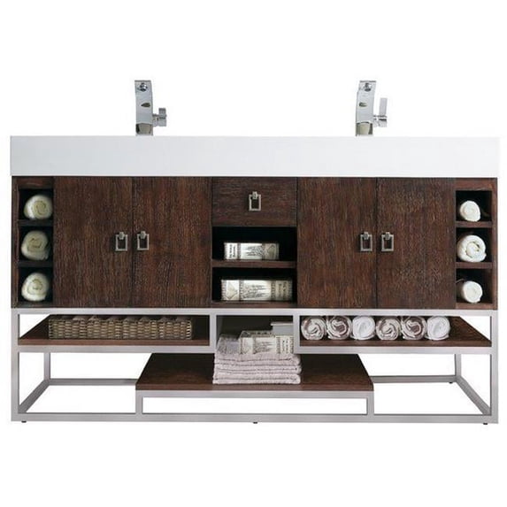 James Martin Furniture 867-V59D-CFO-GW 59 in. Tahoe Coffee Oak Double Bathroom Vanity with Glossy White Solid Surface Top