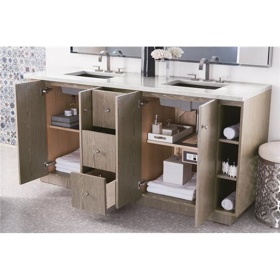James Martin Furniture 960-V72-SAP-3EJP 72 in. Seaside Silver Apricot Double Bathroom Vanity with 3 cm Eternal Jasmine Pearl Quartz Top & Sink