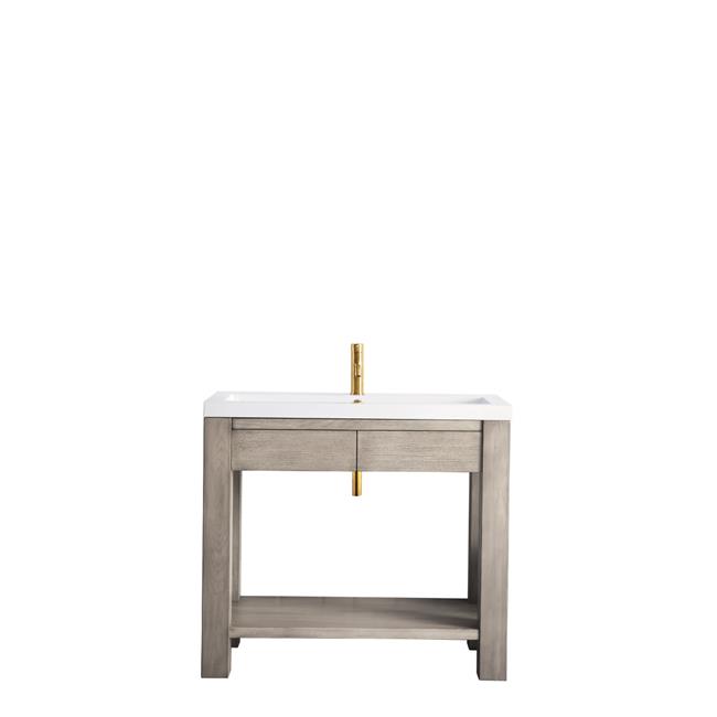 James Martin Furniture  Brooklyn Wooden Sink Console with White Glossy Resin Countertop - Platinum Ash