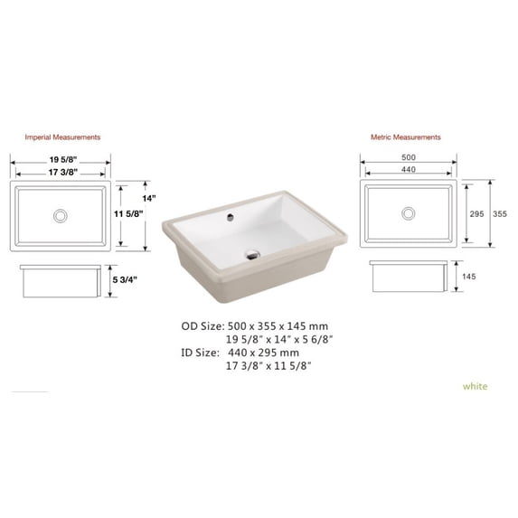 James Martin Large Rectangular Ceramic Sink, White, SNK-RCT-WHT