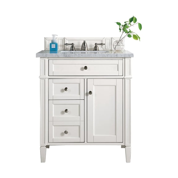 James Martin Vanities 30" Single Vanity, Bright White w/ 3 CM Carrara Marble Top