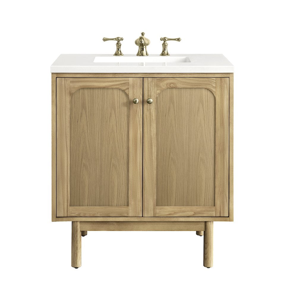 Light Natural Oak Wall-Mount Single Vanity with White Quartz Top