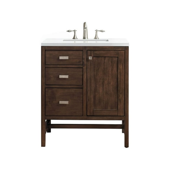 James Martin Vanities 30" Single Vanity, Mid-Century Acacia w/ 3 CM White Zeus Quartz Top