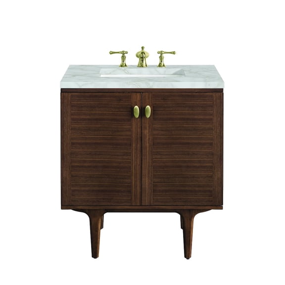 James Martin Vanities 30" Single Vanity, Mid-Century Walnut w/ 3 CM Victorian Silver Top