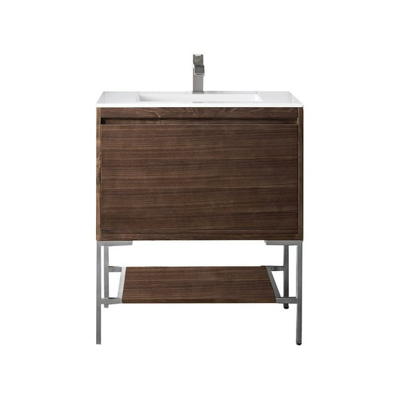 James Martin Vanities 31.5" Single Vanity, Mid-Century Walnut, Brushed Nickel Base w/ Glossy White Top