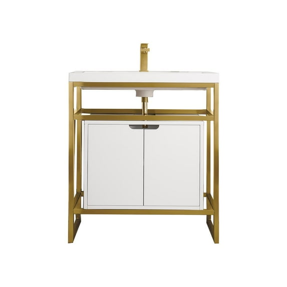 James Martin Vanities 31.5" Sink Console, Radiant Gold Glossy White Storage Cabinet, White Countertop