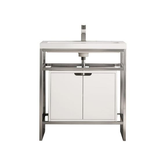 James Martin Vanities 31.5" Stainless Steel Sink Console, White Storage Cabinet, White Countertop