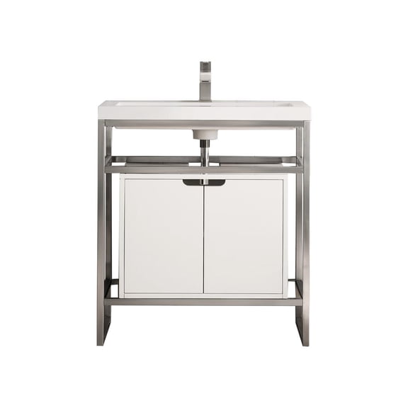 James Martin Vanities 31.5" Stainless Steel Sink Console, White Storage Cabinet, White Countertop