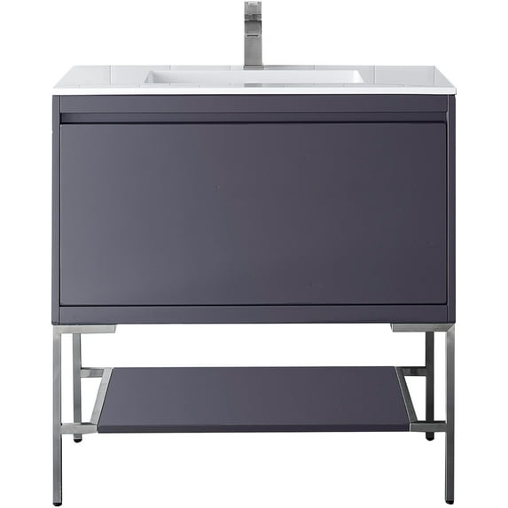 James Martin Vanities 35.4" Single Vanity Cabinet, Modern Grey Glossy, Brushed Nickel Composite Top