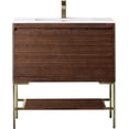 thumbnail image 1 of James Martin Vanities 35.4" Single Vanity, Mid-Century Walnut, Brushed Nickel Base w/ Glossy White Top, 1 of 6