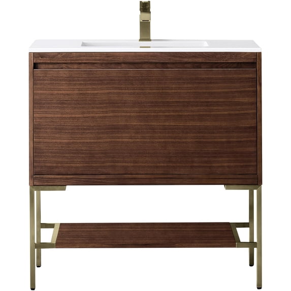 James Martin Vanities 35.4" Single Vanity, Mid-Century Walnut, Brushed Nickel Base w/ Glossy White Top