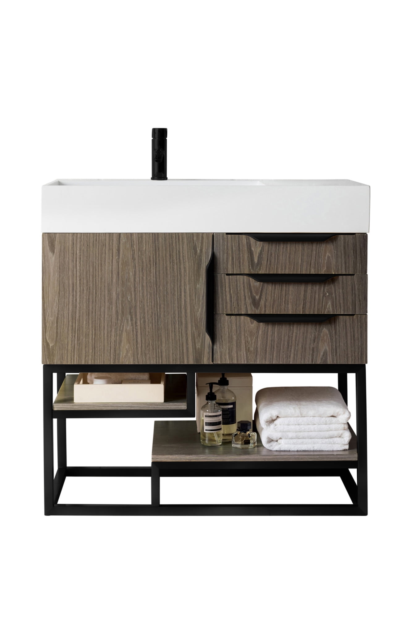 James Martin Vanities 36" Single Vanity, Ash Gray, Matte Black w/ Glossy White Composite Stone Top