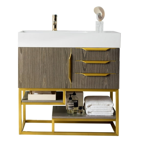 James Martin Vanities 36" Single Vanity, Ash Gray, Radiant Gold w/ Glossy White Composite Stone Top