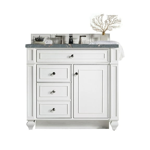 James Martin Vanities 36" Single Vanity, Bright White w/ 3 CM Parisien Bleu Quartz Top