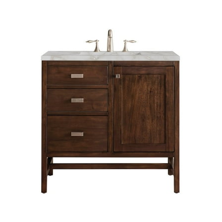 James Martin Vanities 36" Single Vanity, Mid-Century Acacia w/ 3 CM Victorian Silver Quartz Top