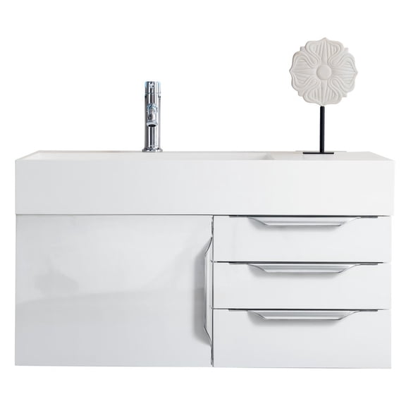 James Martin Vanities 36" Single Wall Mount Vanity, Glossy White, Brushed Nickel w/ Glossy White Top