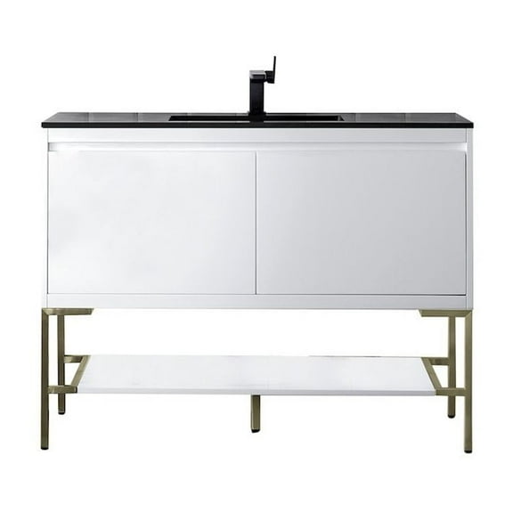 James Martin Vanities 47.3" Single Vanity, Glossy White, Champagne Brass Base w/ Charcoal Black Top