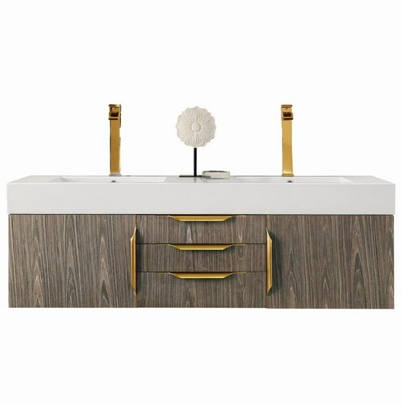 James Martin Vanities 59" Double Wall Mount Vanity, Ash Gray, Radiant Gold w/ Glossy White Top