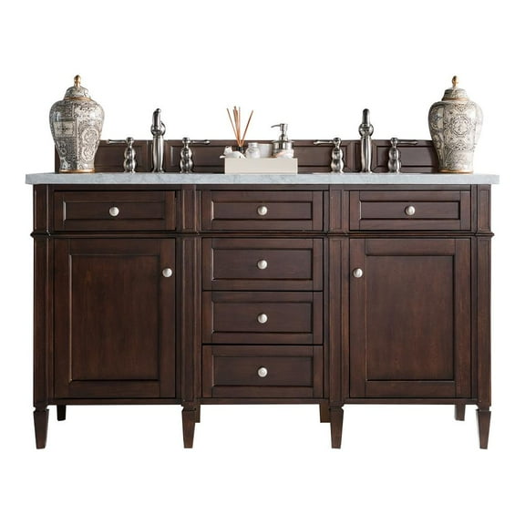 James Martin Vanities 60" Burnished Mahogany Double Vanity w/ 3 CM Arctic Fall Solid Surface Top