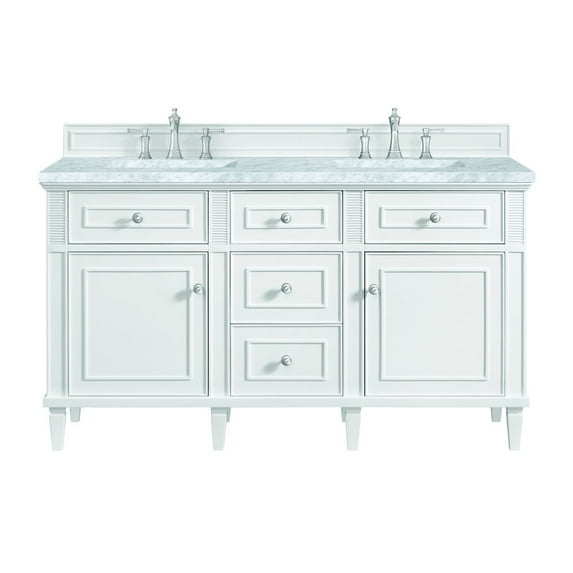 James Martin Vanities 60" Double Vanity, Bright White w/ 3 CM Carrara White Marble Top