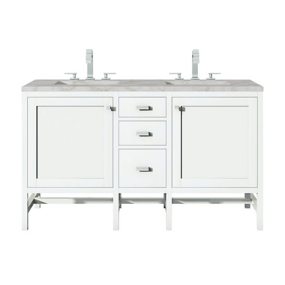 James Martin Vanities 60" Double Vanity, Glossy White w/ 3 CM Victorian Silver Quartz Top