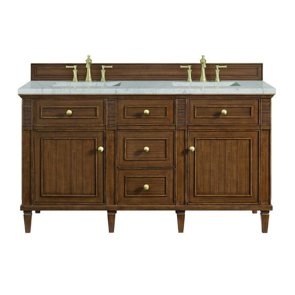 James Martin Vanities 60" Double Vanity, Mid-Century Walnut w/ 3 CM Eternal Jasmine Pearl Quartz Top