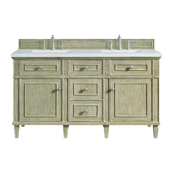 James Martin Vanities 60" Double Vanity, Whitewashed Oak w/ 3 CM Arctic Fall Solid Surface Top