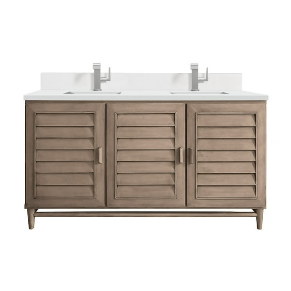 James Martin Vanities 60" Double Vanity Whitewashed Walnut w/ Single Hole 3 CM White Zeus Quartz Top
