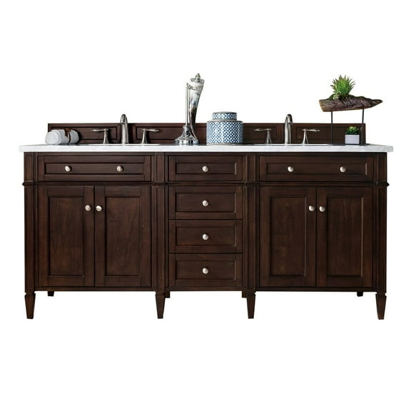 James Martin Vanities 72" Burnished Mahogany Double Vanity w/ 3 CM Arctic Fall Solid Surface Top