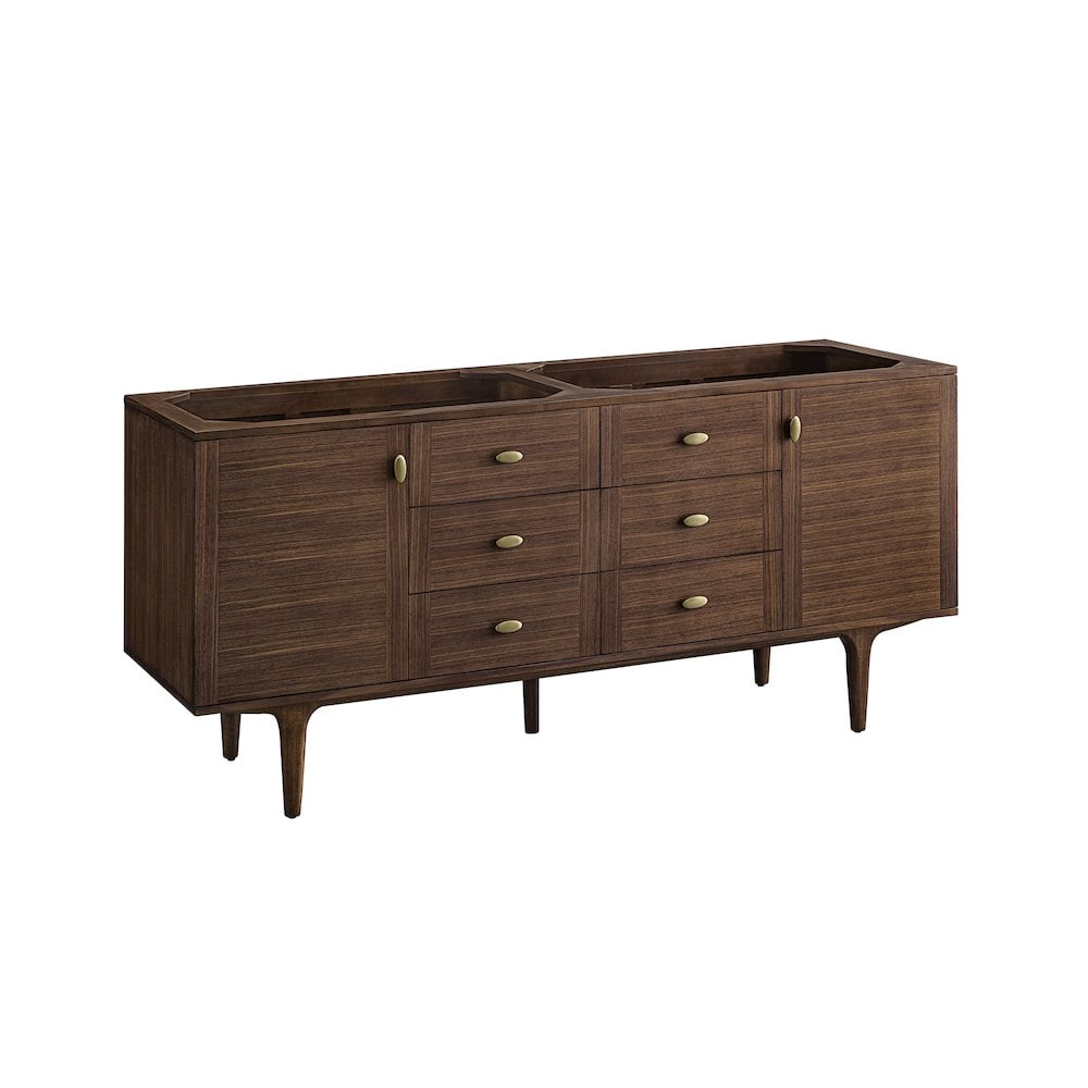 Amberly 72-Inch Walnut Double Vanity Base Cabinet with Brass Knobs