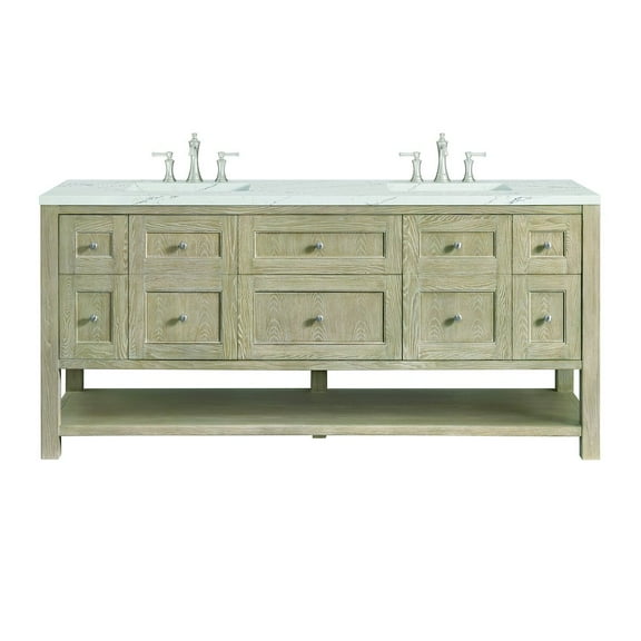 James Martin Vanities 72" Double Vanity, Whitewashed Oak w/ 3 CM Ethereal Noctis Quartz Top