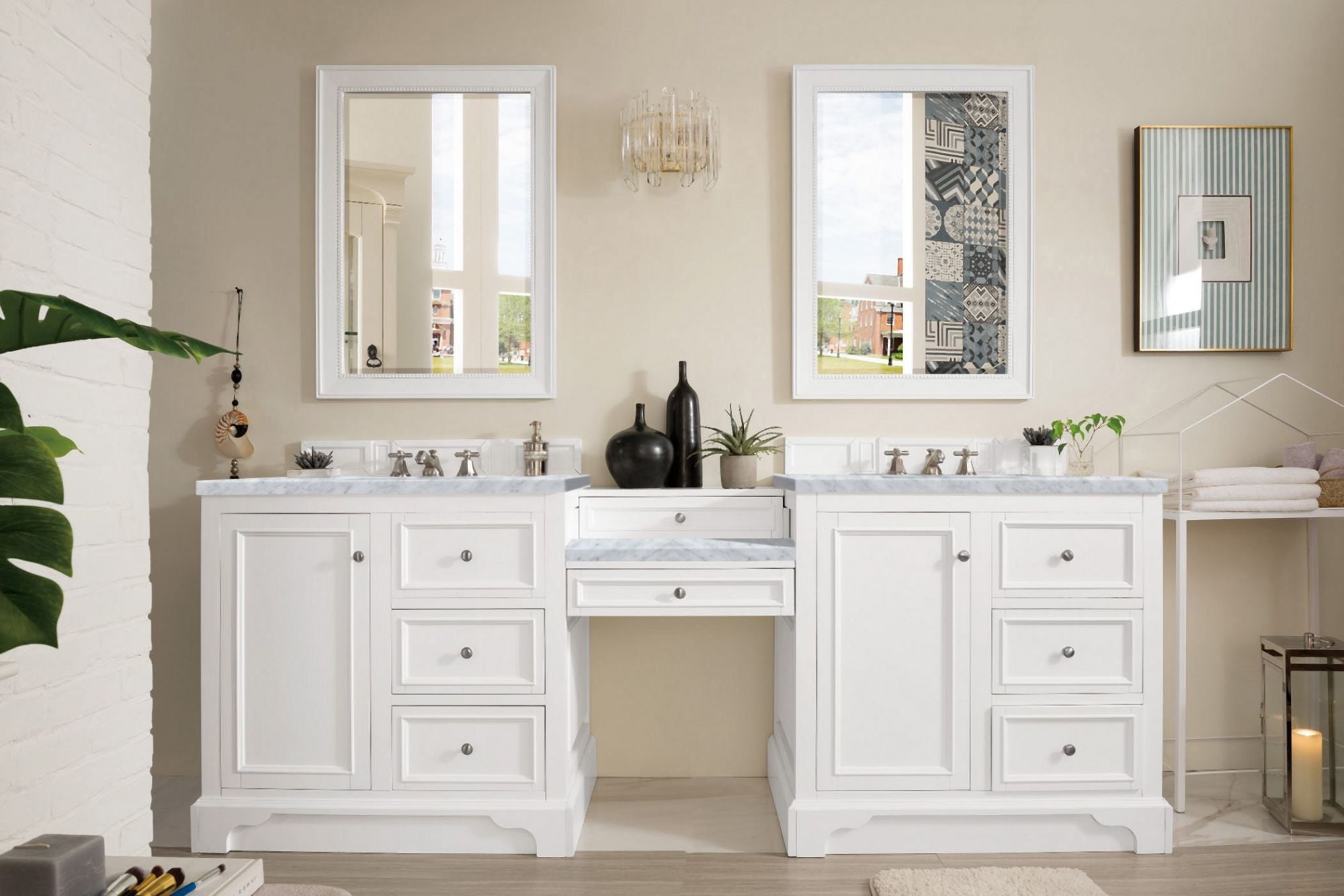 Bright White Solid Wood Double Vanity with Carrara Marble Top