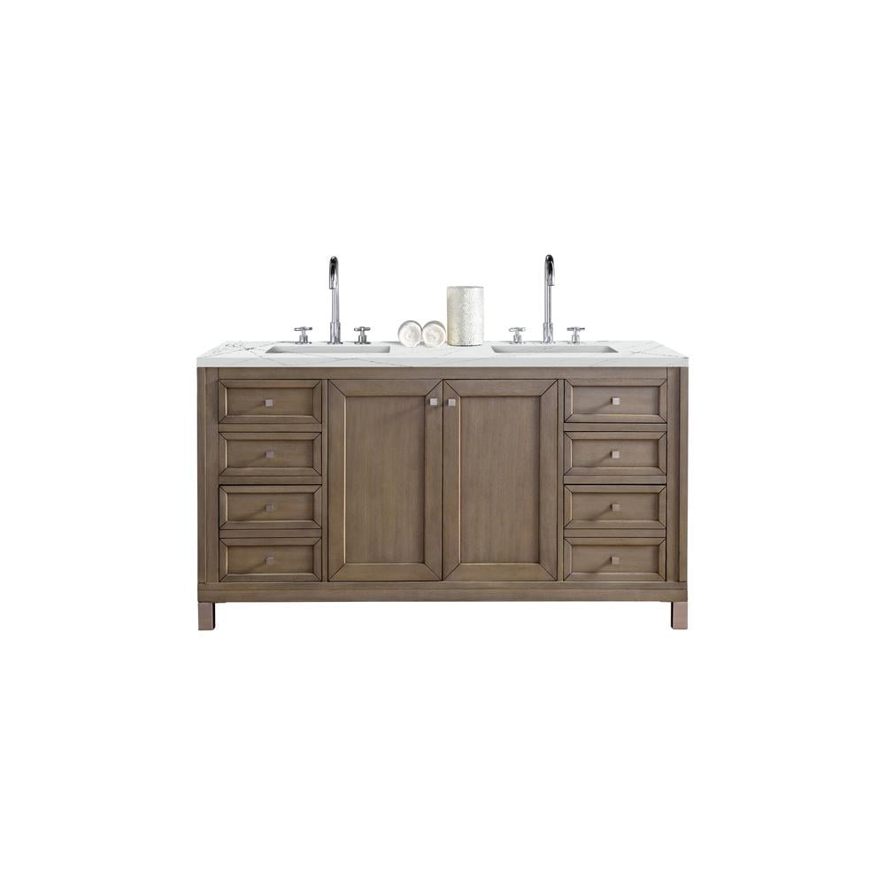Walnut Whitewashed 60" Double Sink Vanity with Solid Surface Top