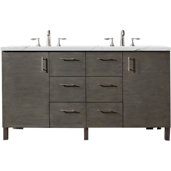 James Martin Vanities Metropolitan 60" Double Vanity, Silver Oak, w/ 3 CM Ethereal Noctis Quartz Top