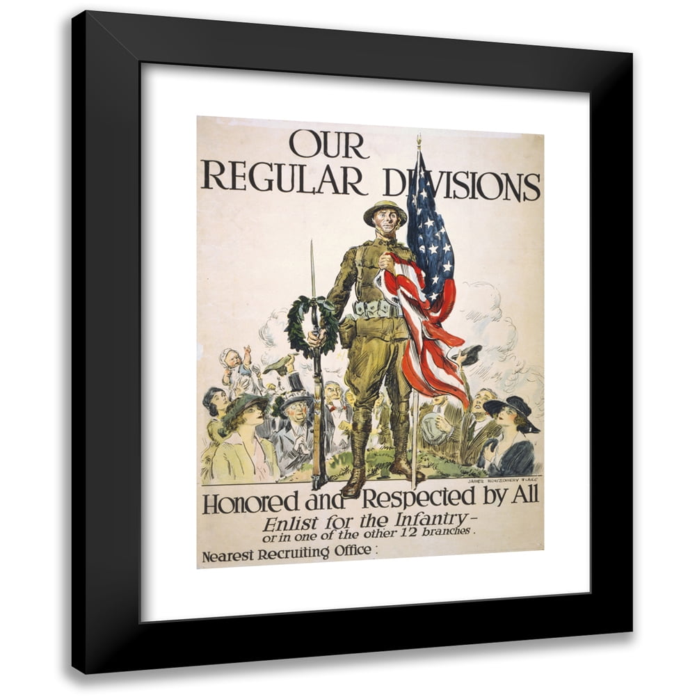 James Montgomery Flagg 12x14 Black Modern Framed Museum Art Print Titled - Our Regular Divisions, Honored and Respected by All Enlist for the Infantry - or in One of the Other 12 Branches (1918)
