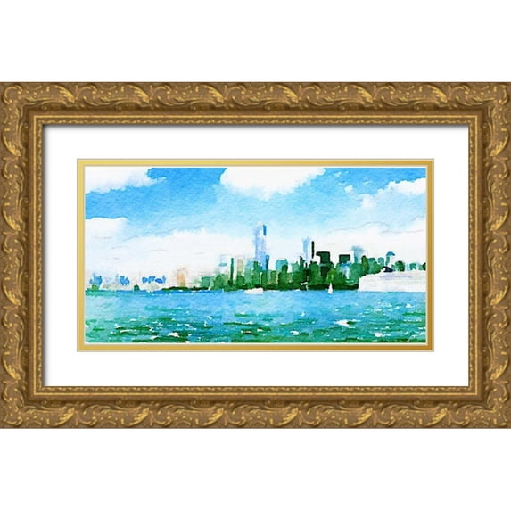 James, Nola 14x9 Gold Ornate Wood Framed with Double Matting Museum Art Print Titled - Watercolor NYC Skyline I