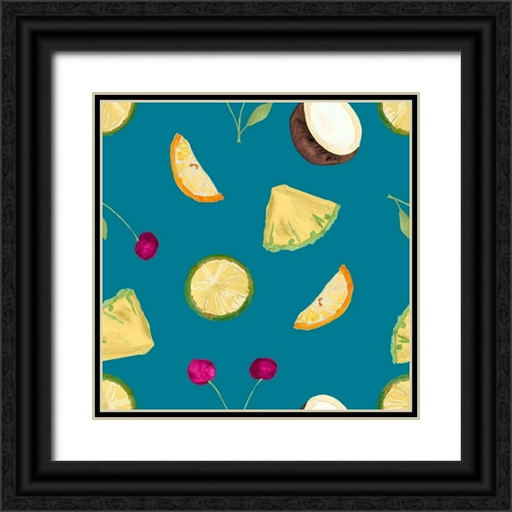 James, Nola 26x26 Black Ornate Wood Framed with Double Matting Museum Art Print Titled - Fruit Pattern on Teal