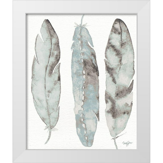 James, Nola 26x31 White Modern Wood Framed Museum Art Print Titled - Three Blue Feathers