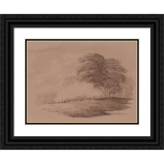 James Pattison Cockburn 14x11 Black Ornate Wood Framed Double Matted Museum Art Print Titled: Group of Figures Round a Distant Bonfire in a Wood (ca. 1832)